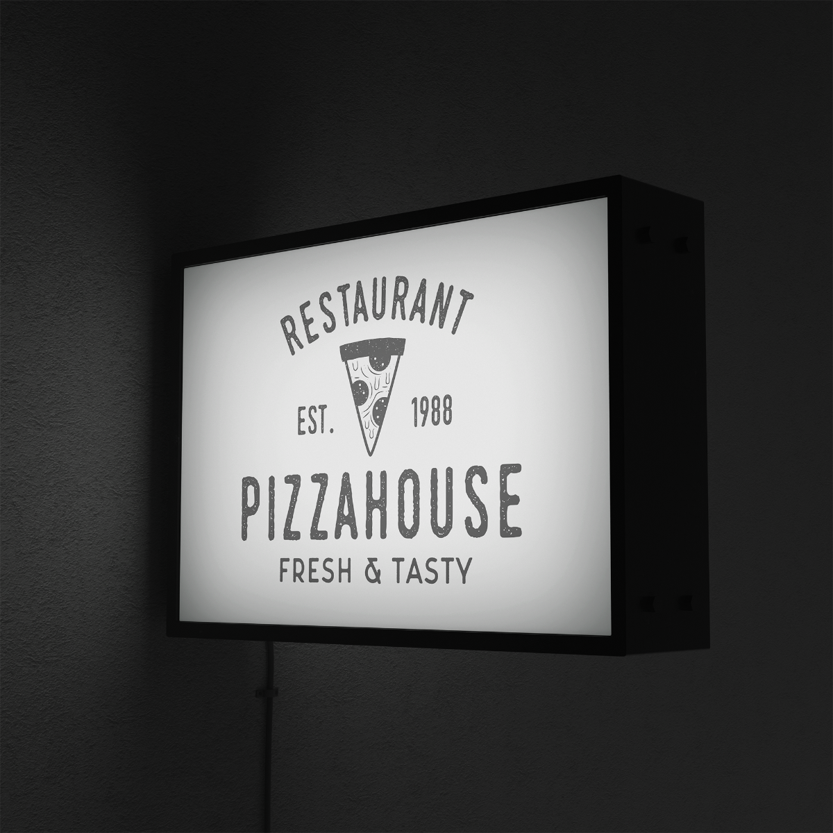 Illuminated wall mounted pizza restaurant sign featuring modern branding on brick w