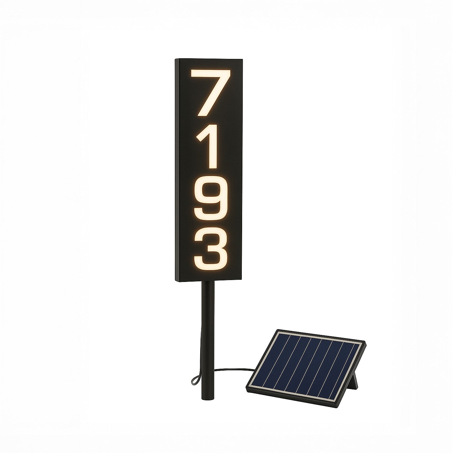 Solar-powered address sign with numbers '7193' on a white background