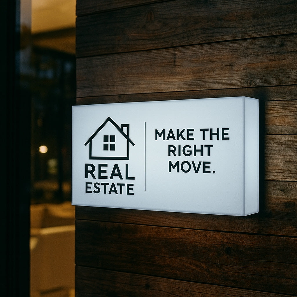 Modern interior office branding light box for real estate agencies and professionals