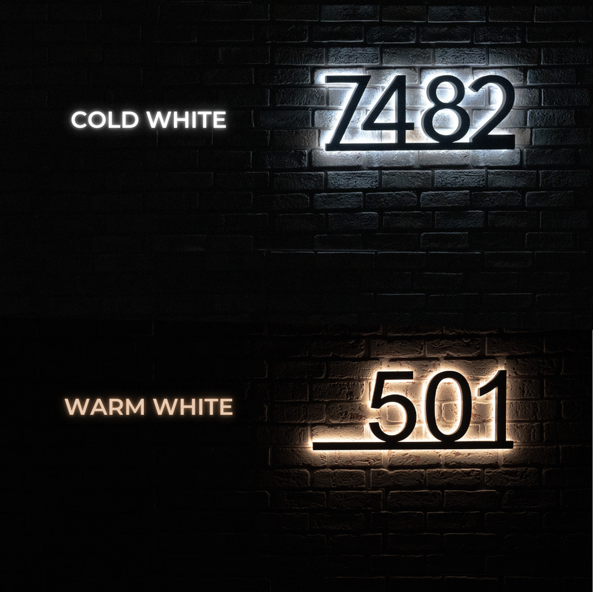 Lighted house numbers mounted on wood siding for modern farmhouse look