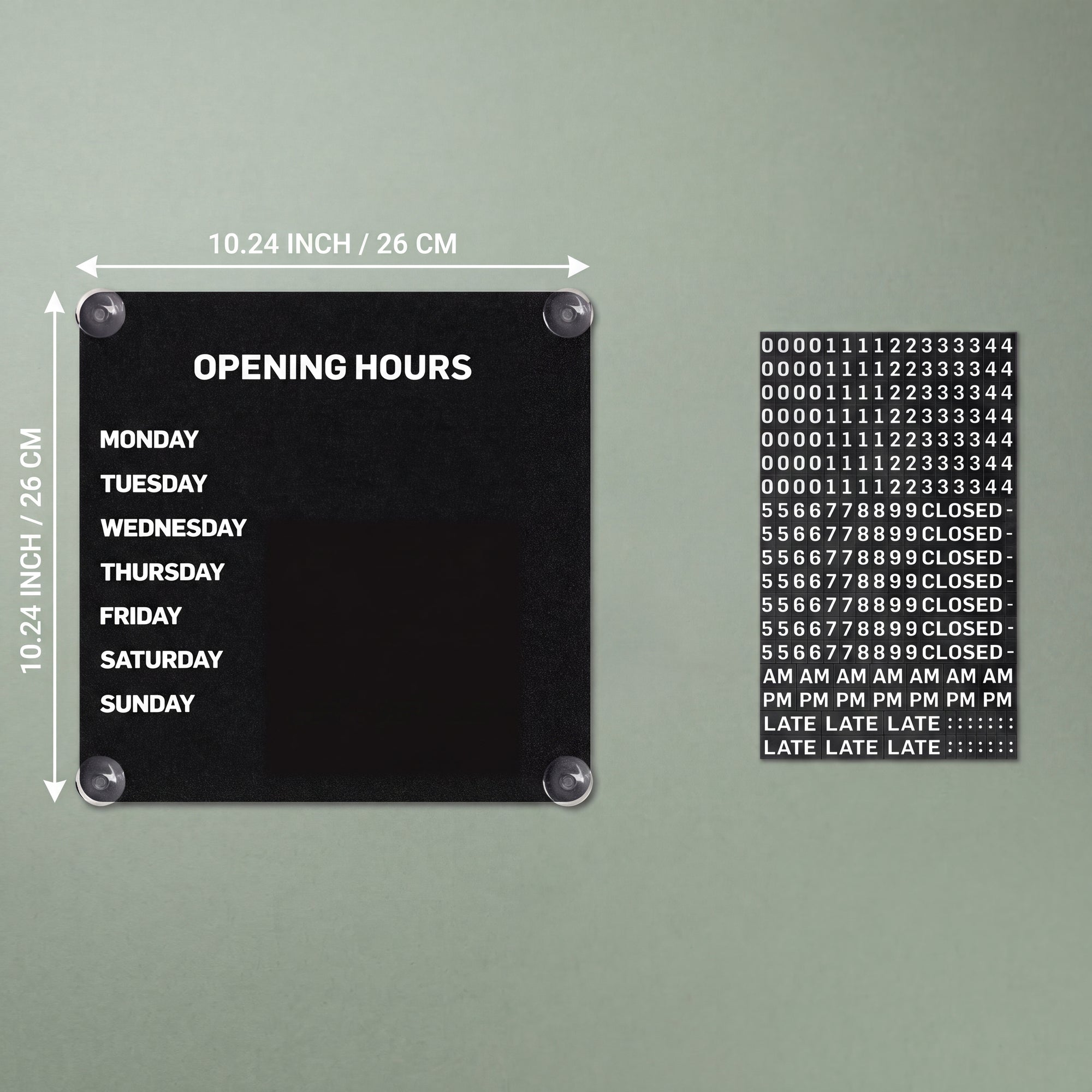 Black magnetic business hours sign, 10.24 inches / 26 cm square, shown with the changeable tile sheet
