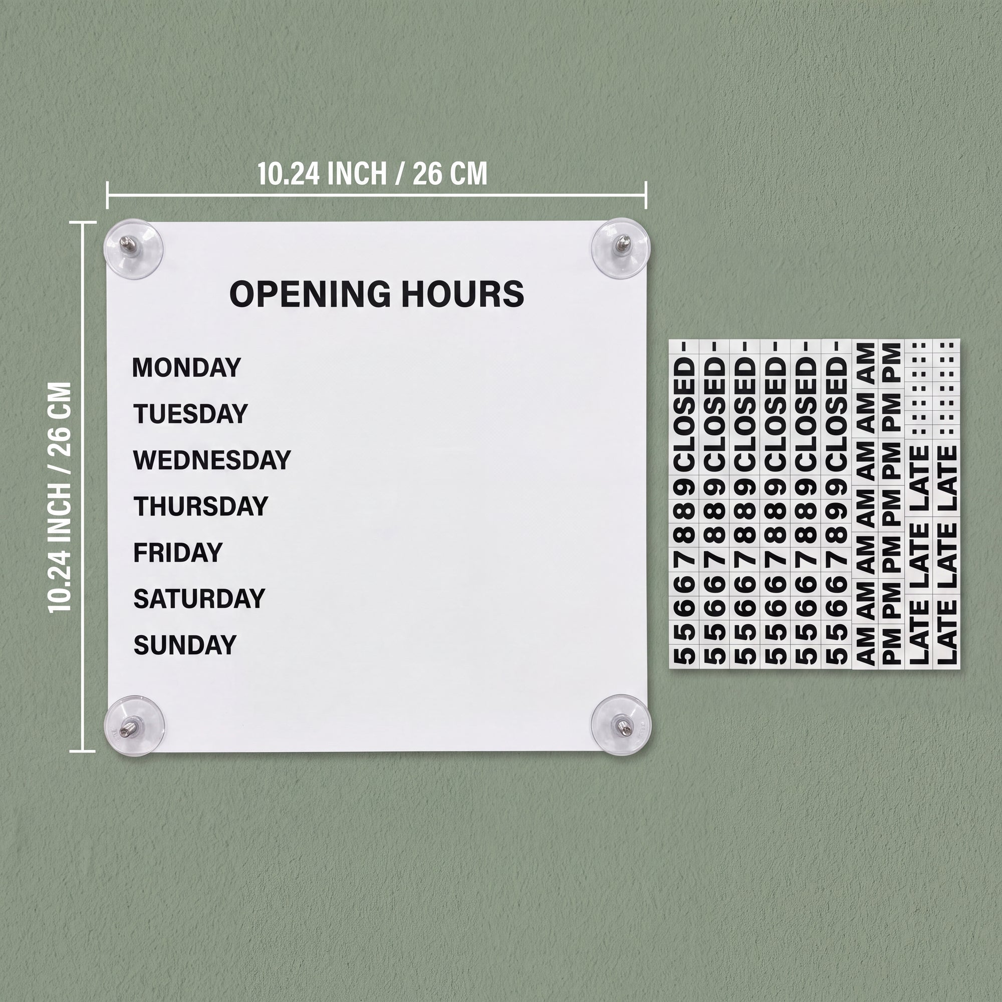 White magnetic business hours sign, 10.24 inches / 26 cm square, shown with the changeable tile sheet