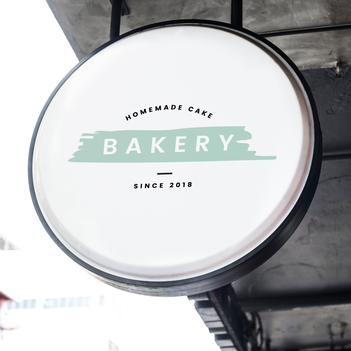 Modern cafe exterior signage round light box mounted on brick wall