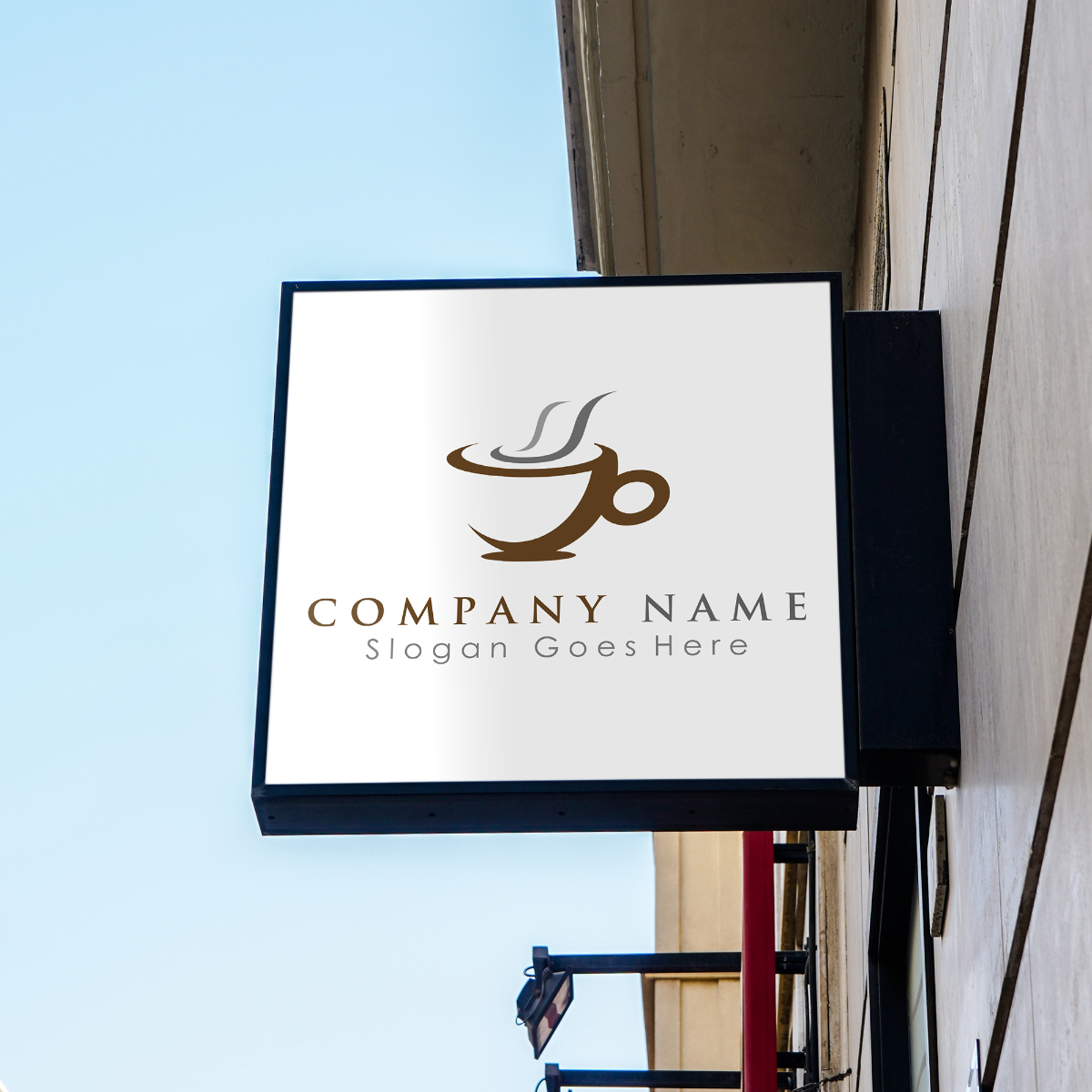 Modern coffee shop projecting sign mockup showing custom logo on white acrylic face