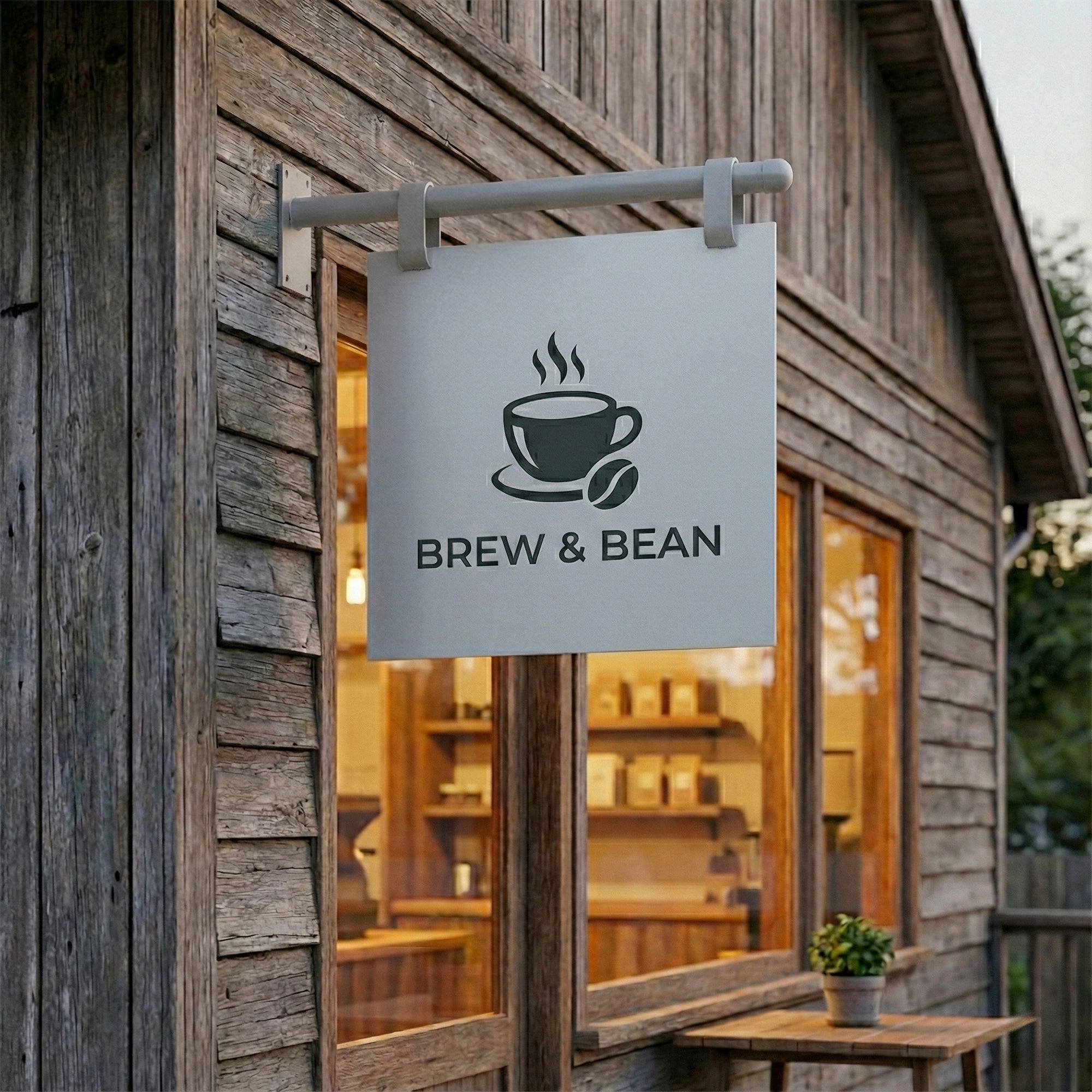 Modern coffee shop sign projecting over sidewalk for high visibility