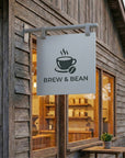 Modern coffee shop sign projecting over sidewalk for high visibility