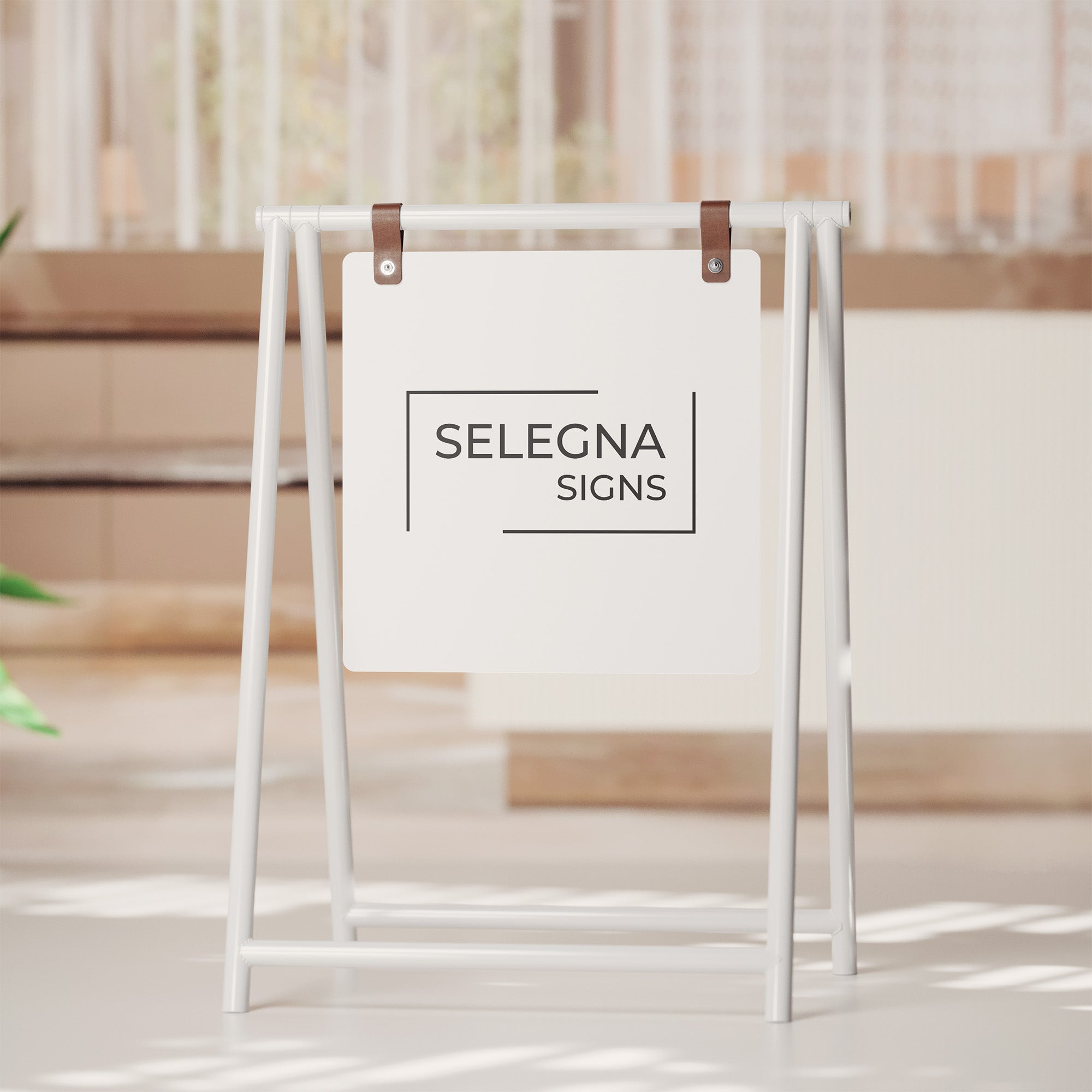 Modern white metal sidewalk sign for cafe storefronts and retail shops