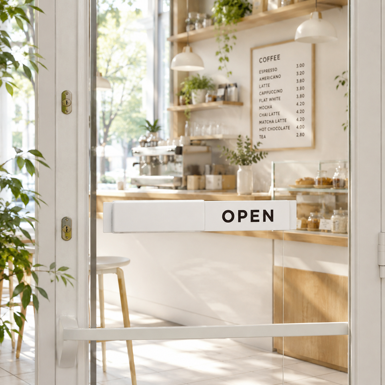 White Open / Closed slider sign mounted on a bright boutique storefront door
