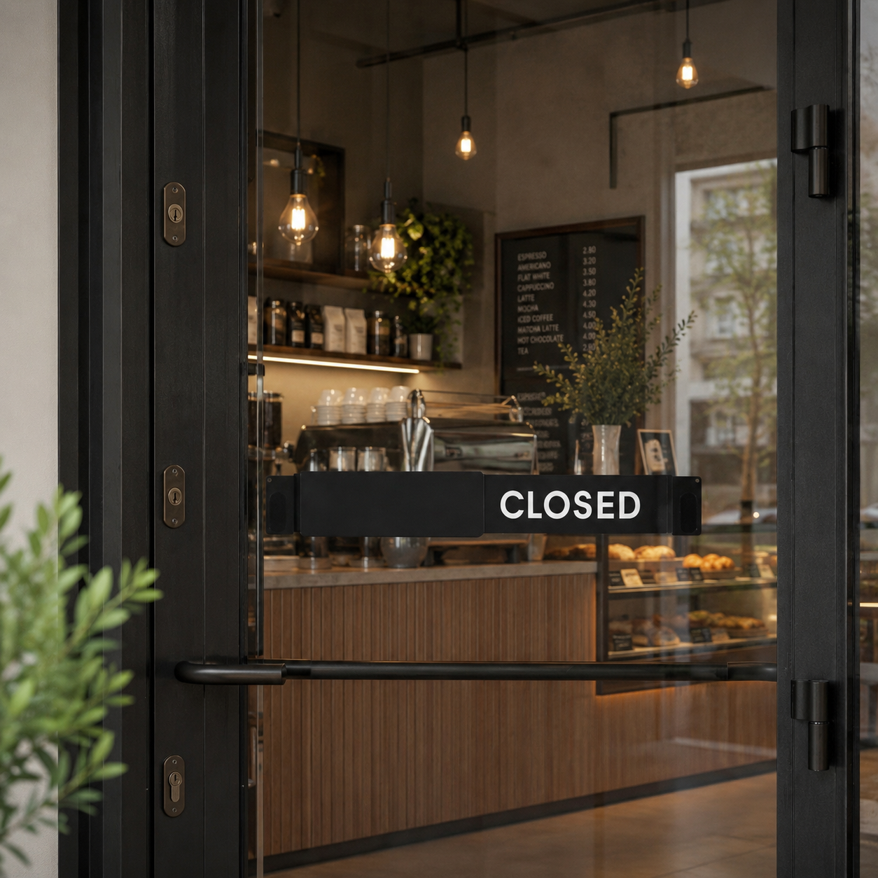 Black Open / Closed slider sign on a coffee shop glass door showing CLOSED