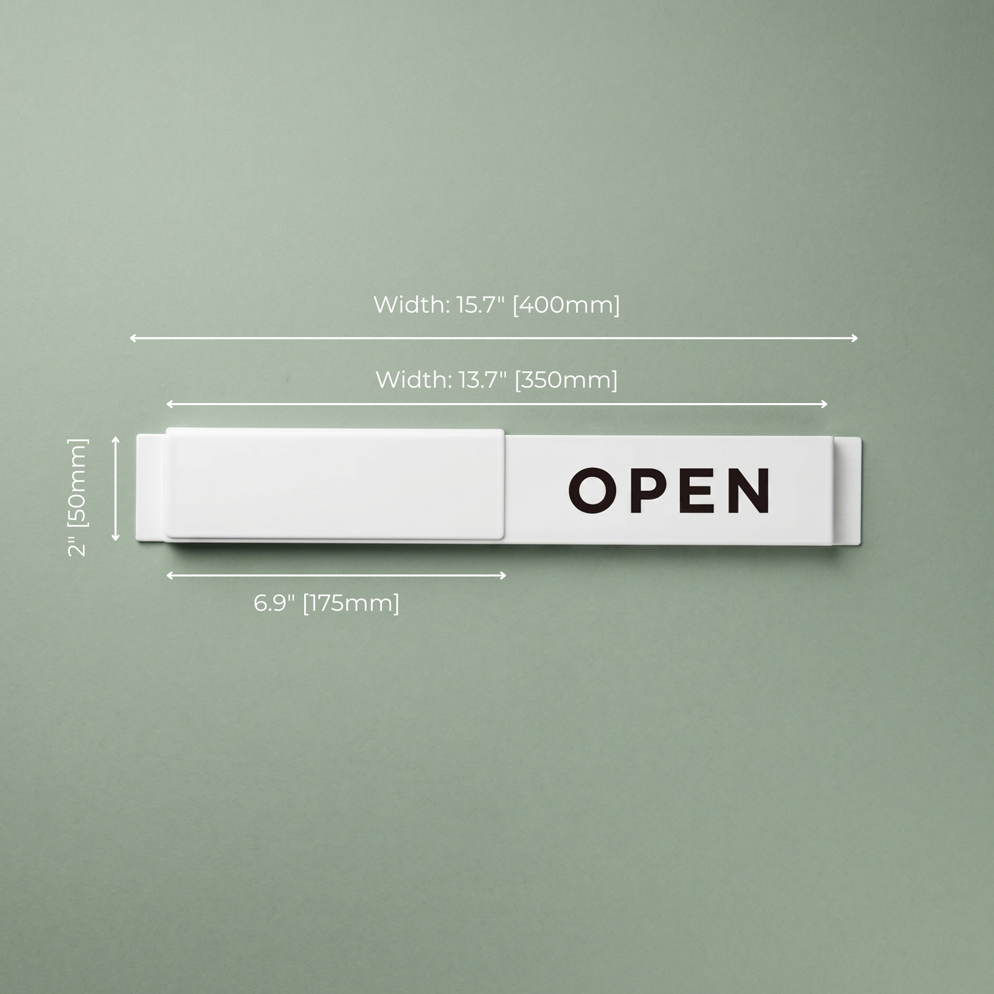 Open / Closed slider sign dimensions: 15.7" total width, 13.7" faceplate, 2" height