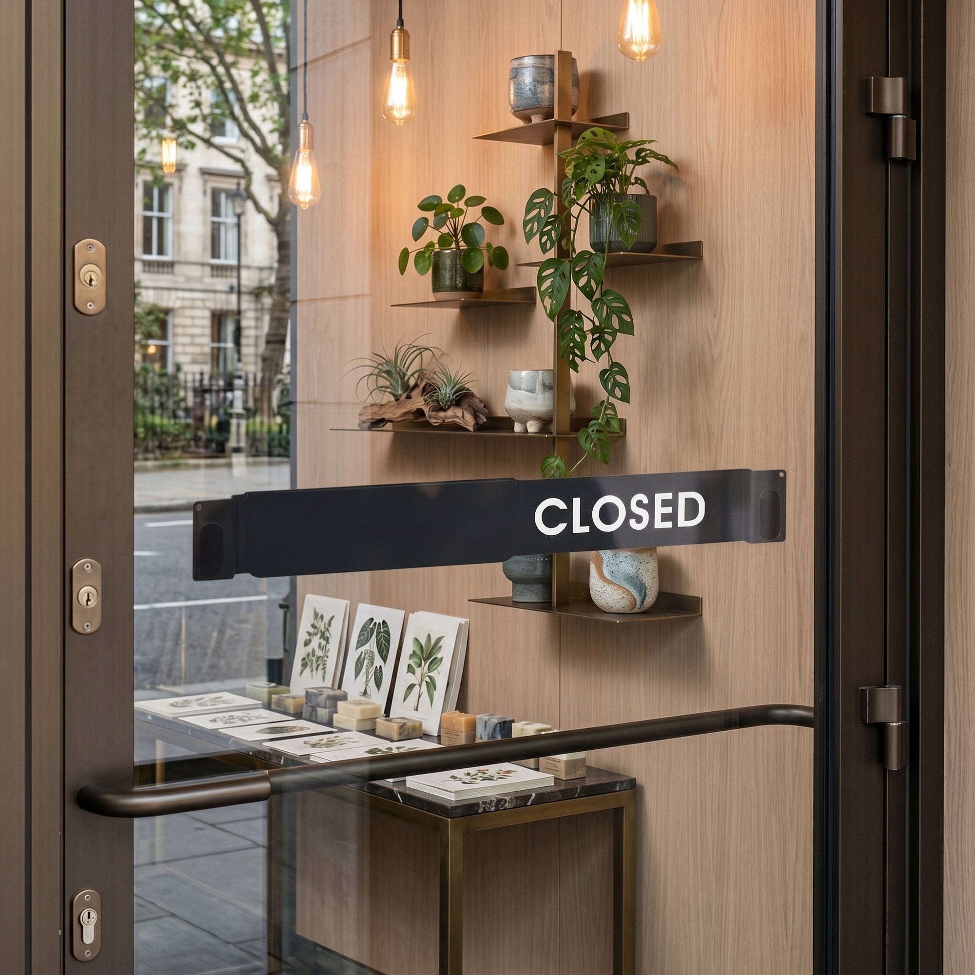 Storefront with 'CLOSED' sign on glass door, shelves with plants and decor.