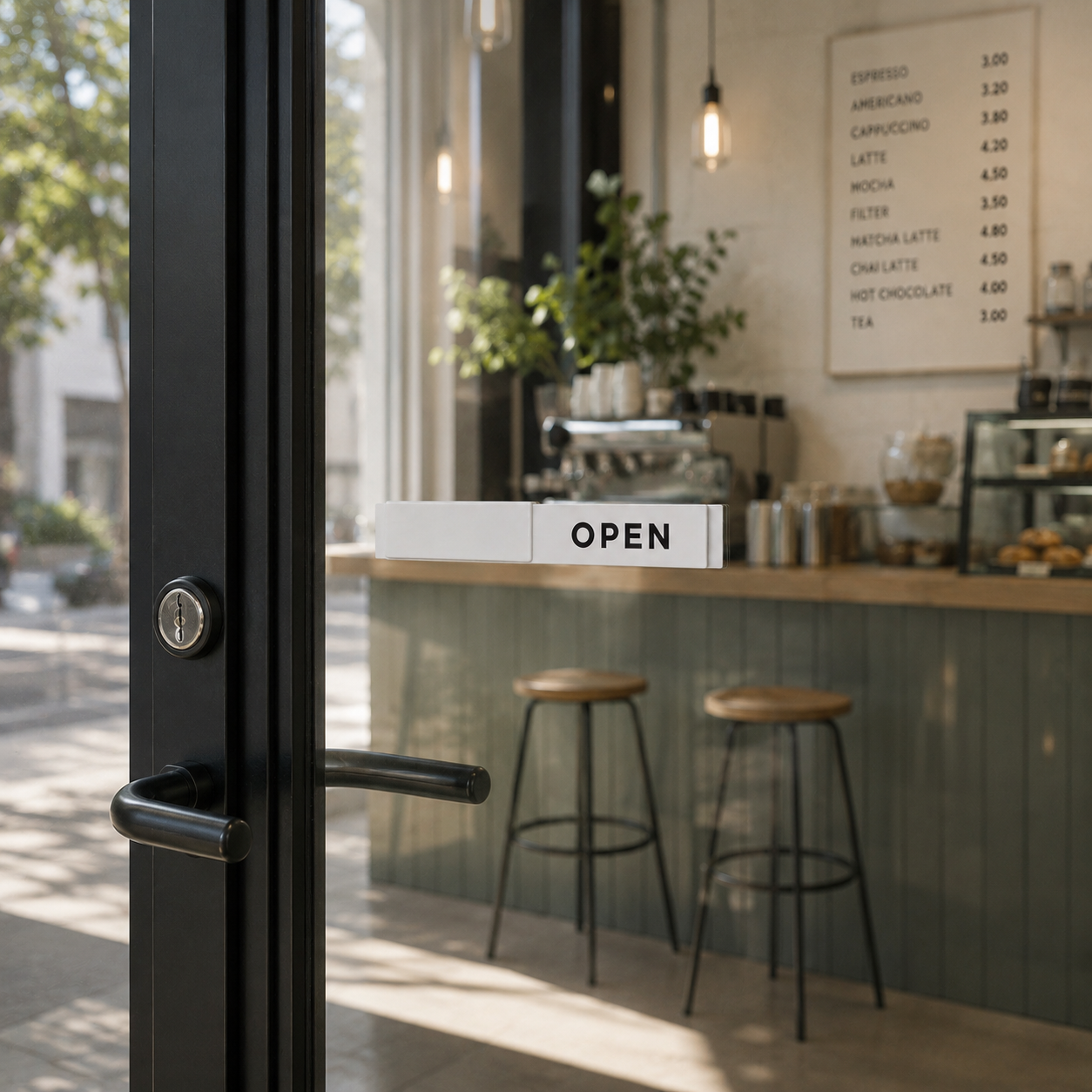 White Open / Closed slider sign on a sunlit café entrance with OPEN showing