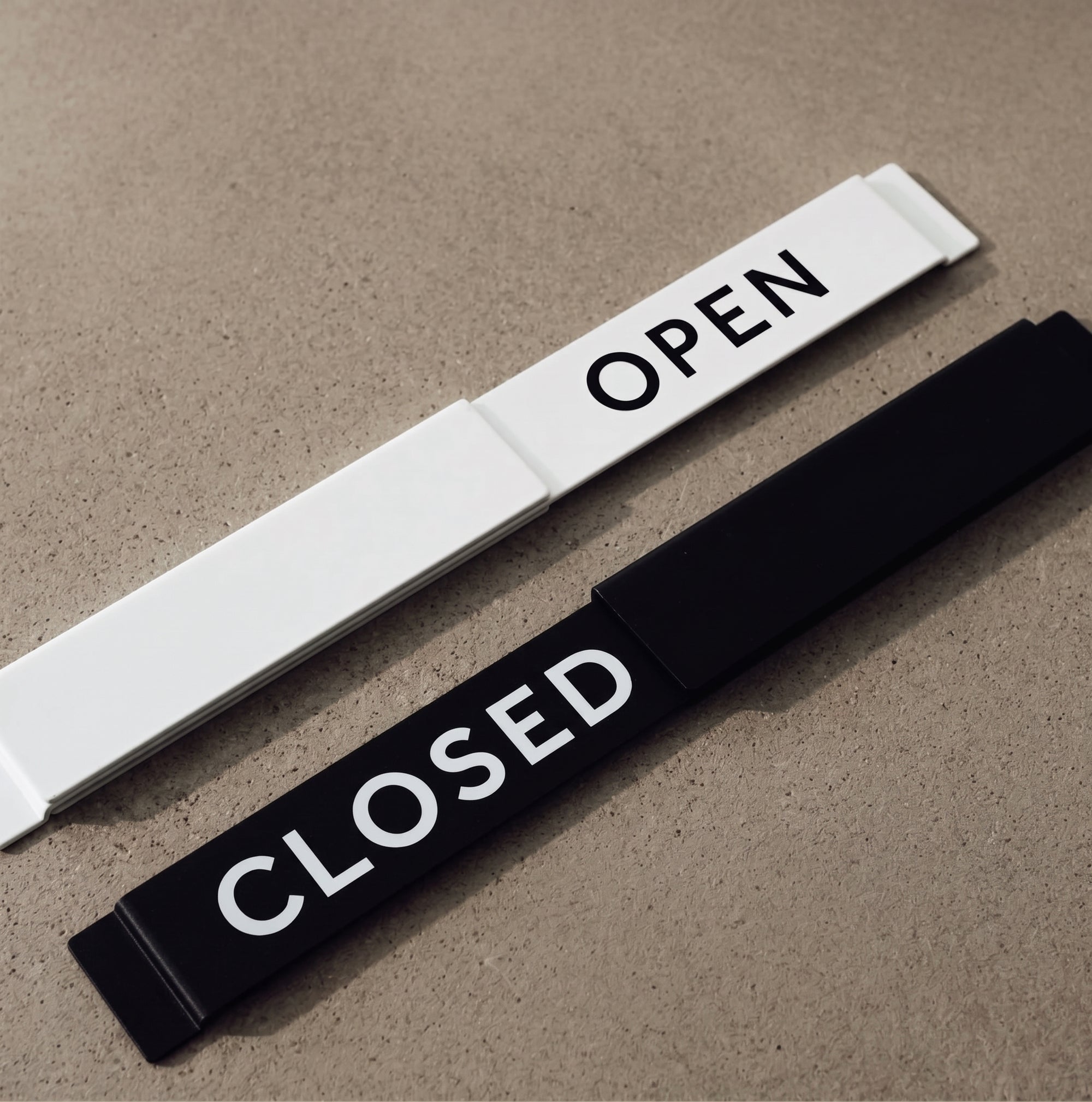 Modern Open / Closed slider sign in matte white with OPEN showing
