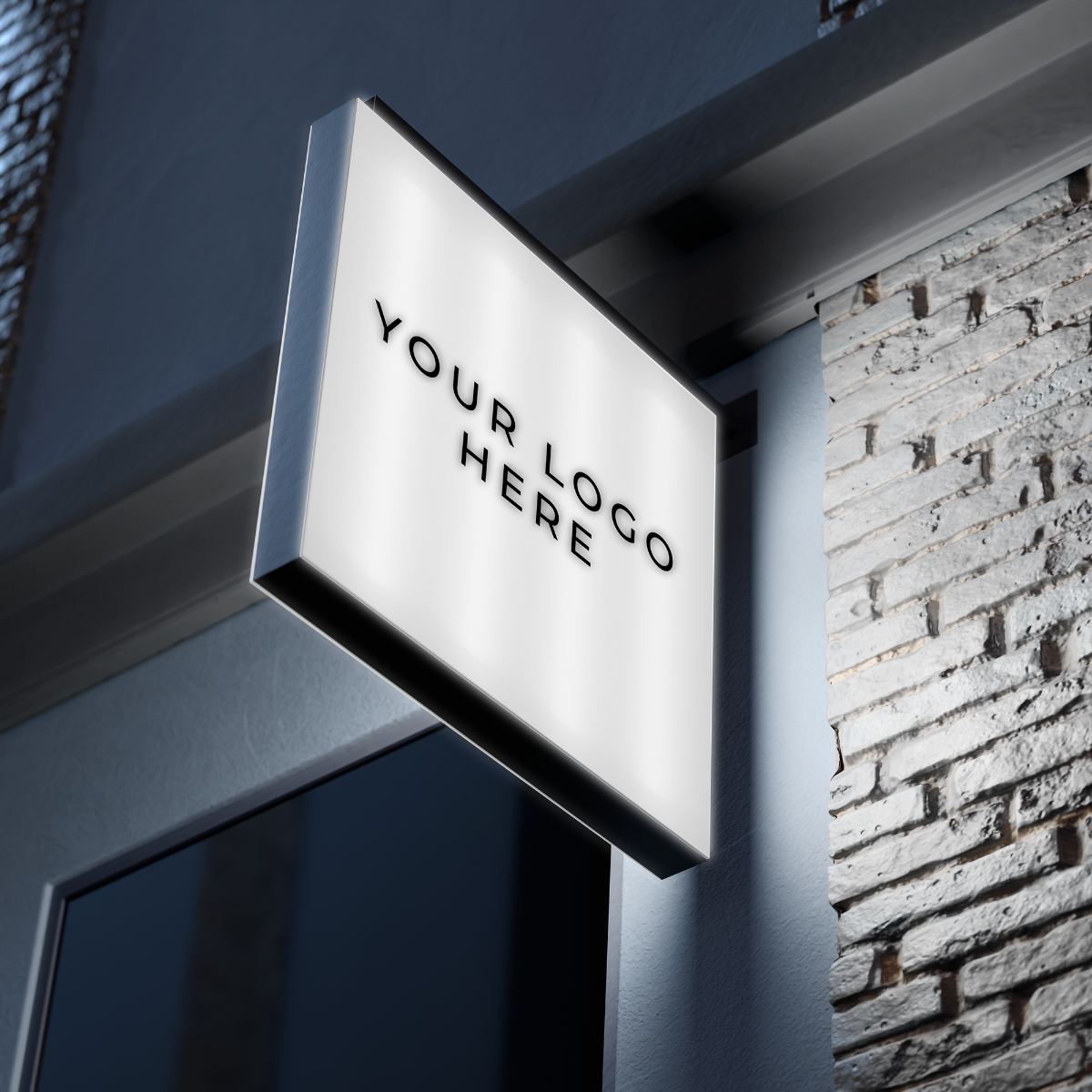 Outdoor square business sign mounted on textured brick wall for high contrast visibility