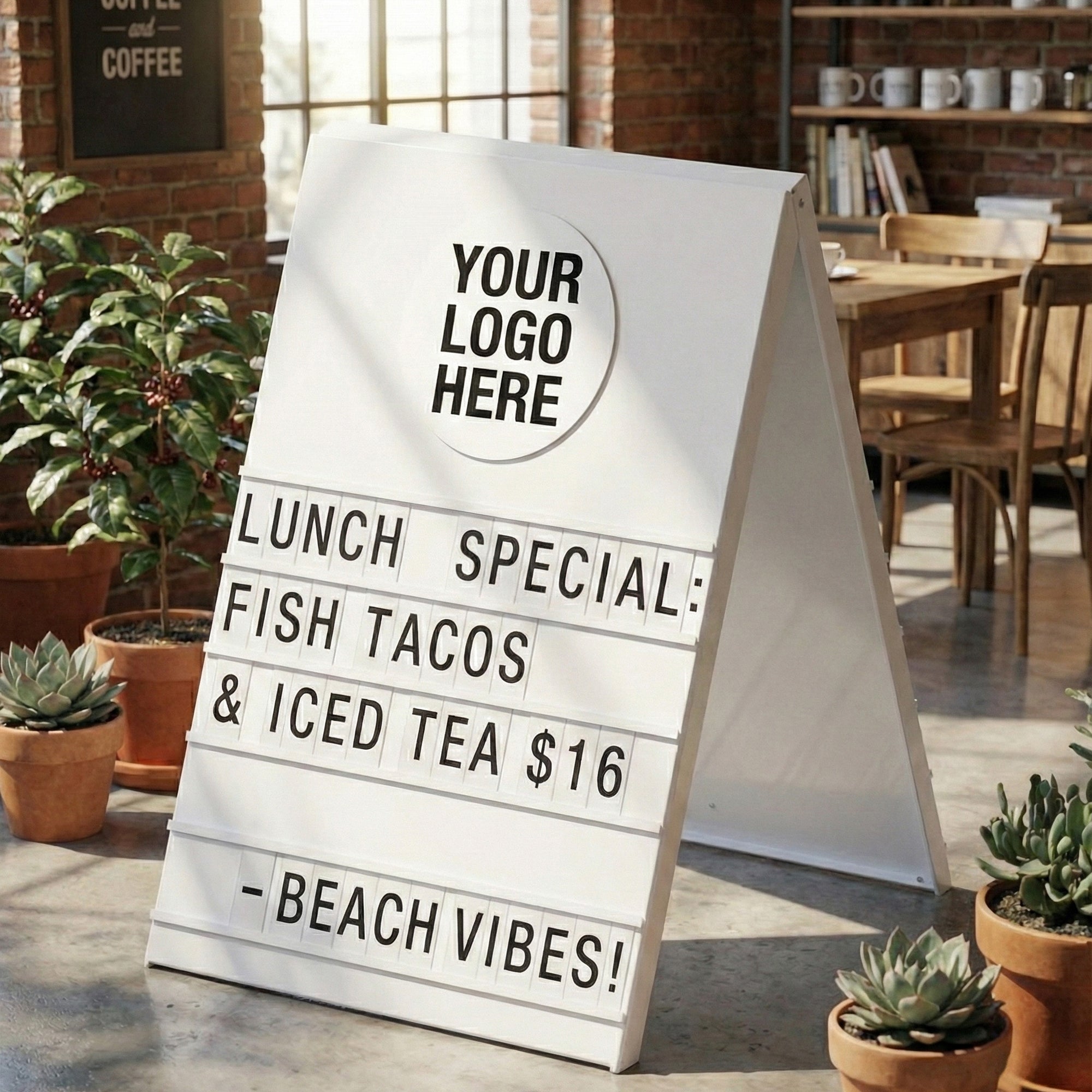 Coffee shop sidewalk sign listing daily coffee and breakfast specials