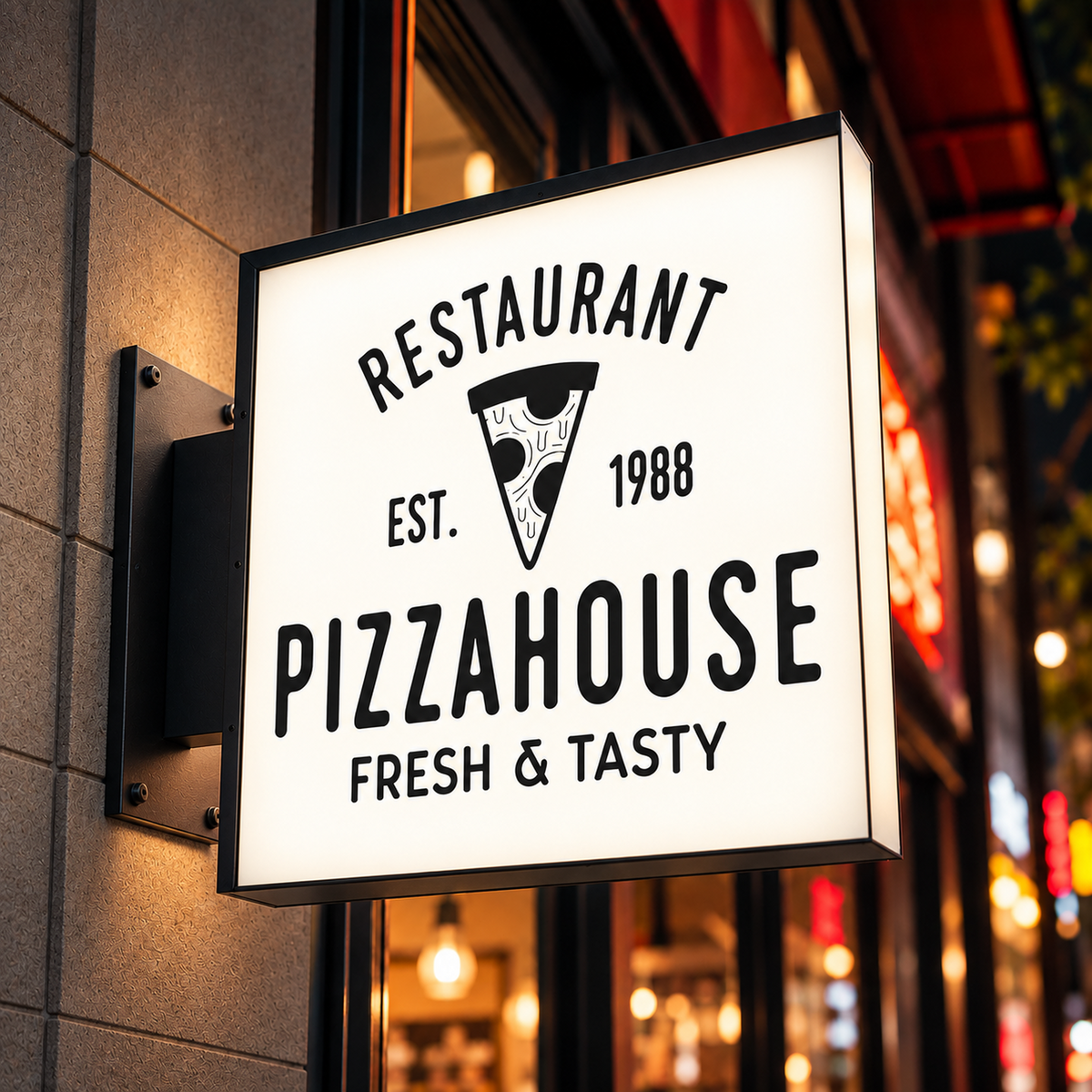 Restaurant entrance sign with square LED display for Pizza House