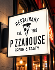 Restaurant entrance sign with square LED display for Pizza House