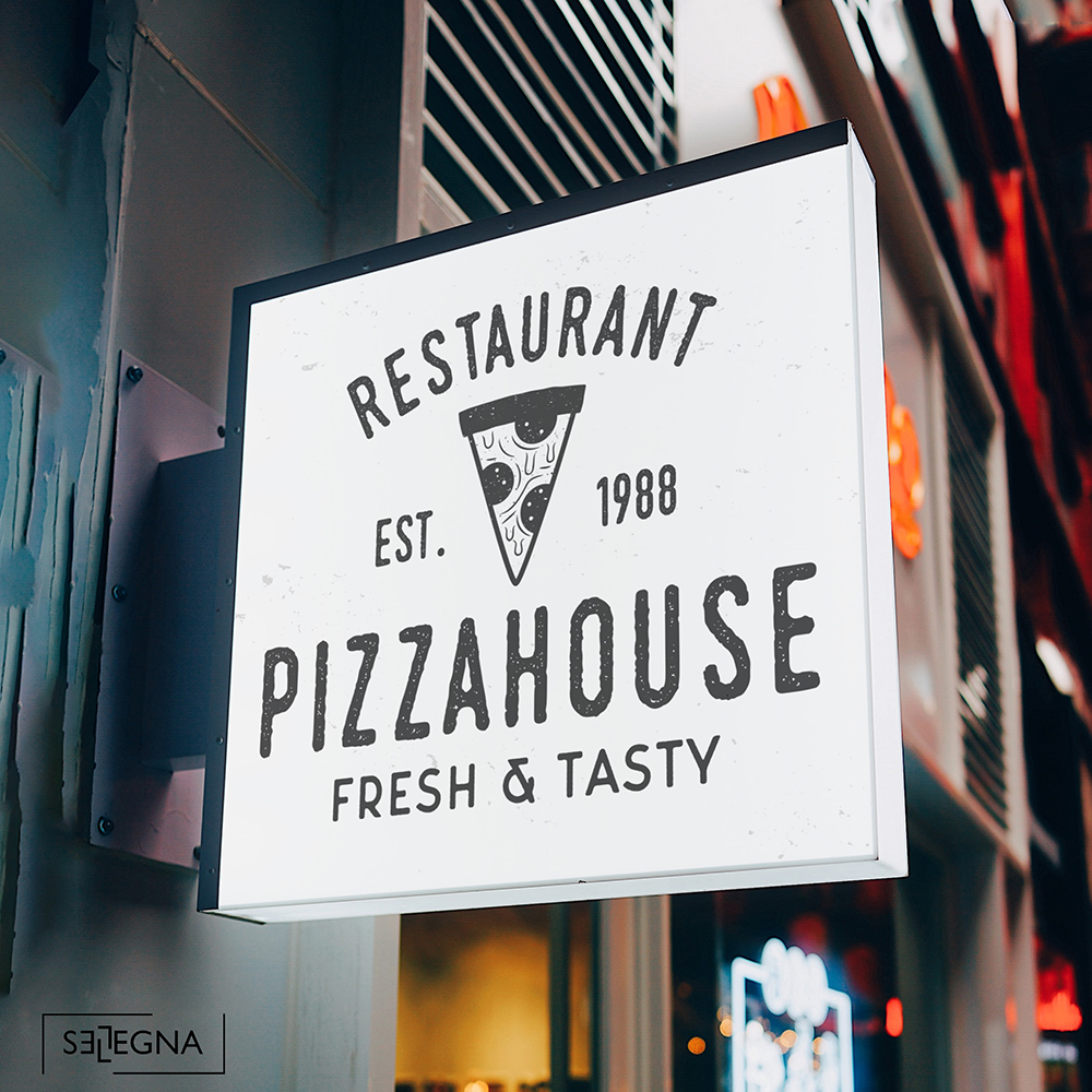 Restaurant entrance sign with square LED display for Pizza House
