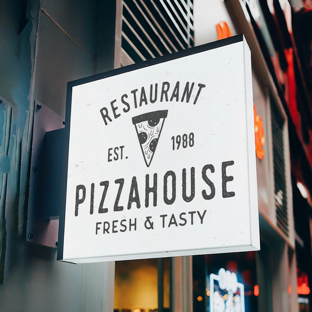 Restaurant entrance sign with square LED display for Pizza House