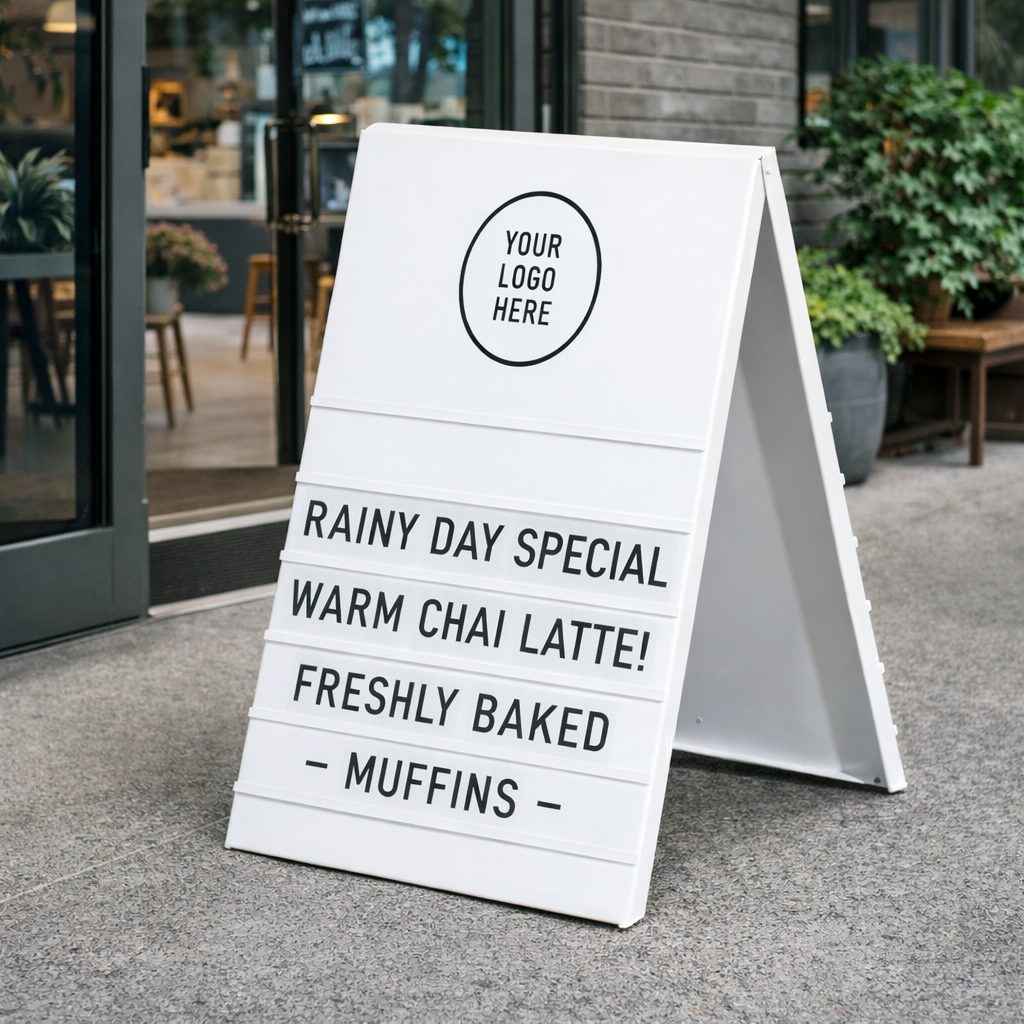 Size guide showing 26 inch height and 17 inch width of metal sandwich board