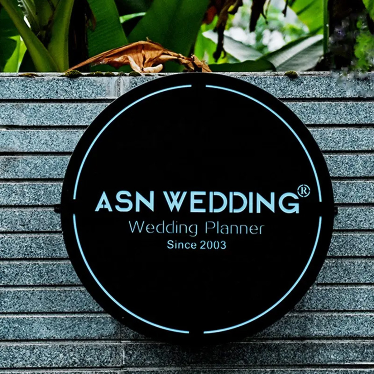 Square laser cut metal sign with LED backlighting for modern office branding