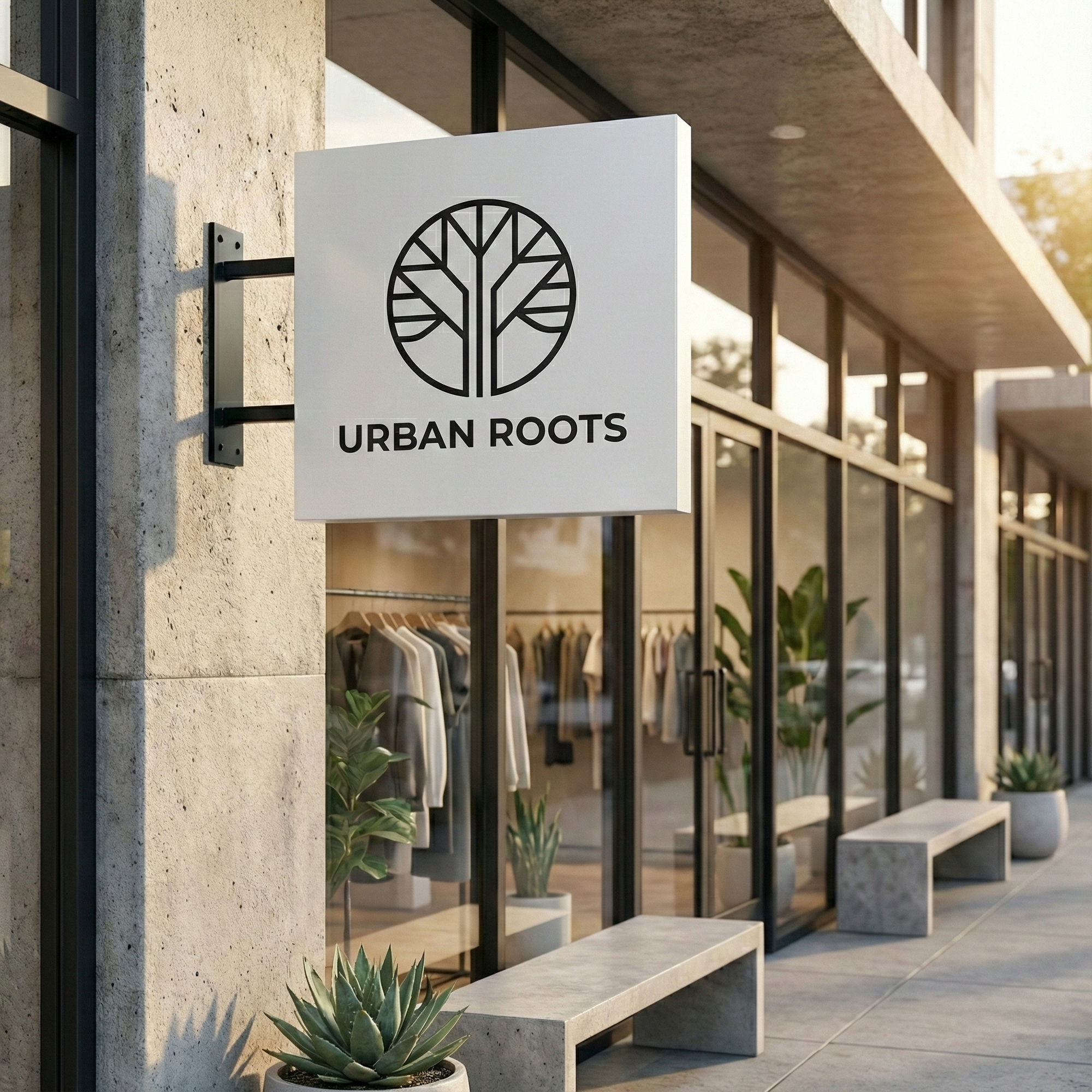 Square metal storefront sign featuring custom retail branding and logo