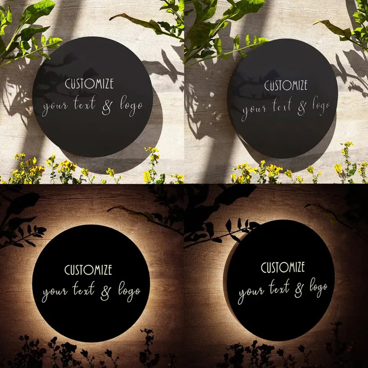 Exterior metal logo sign with warm white LED illumination for inviting curb appeal