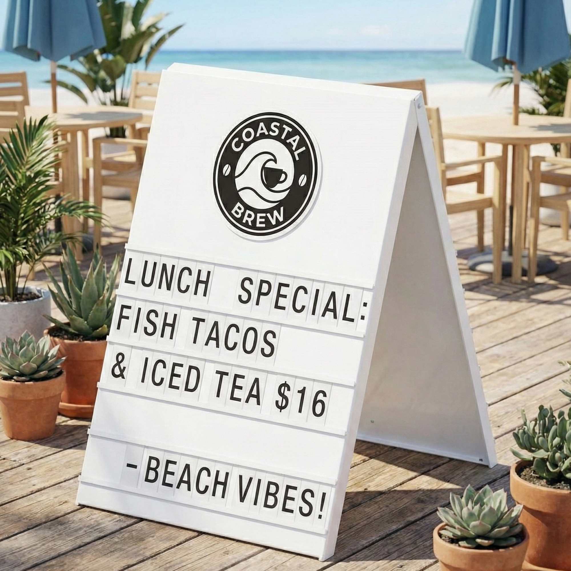 Outdoor cafe with a sign advertising lunch specials on a beach setting