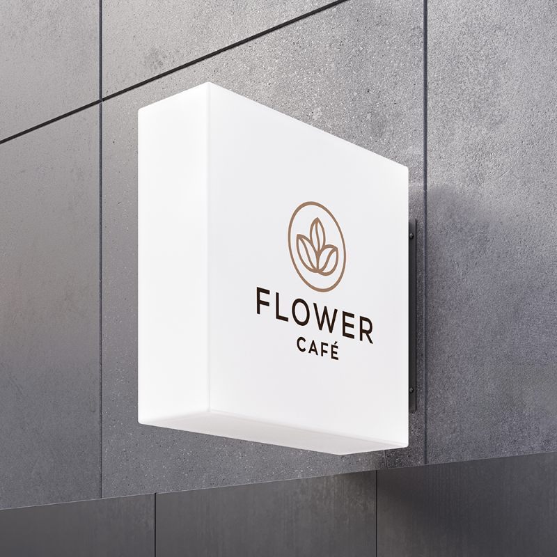 White acrylic LED sign square mockup with custom floral logo