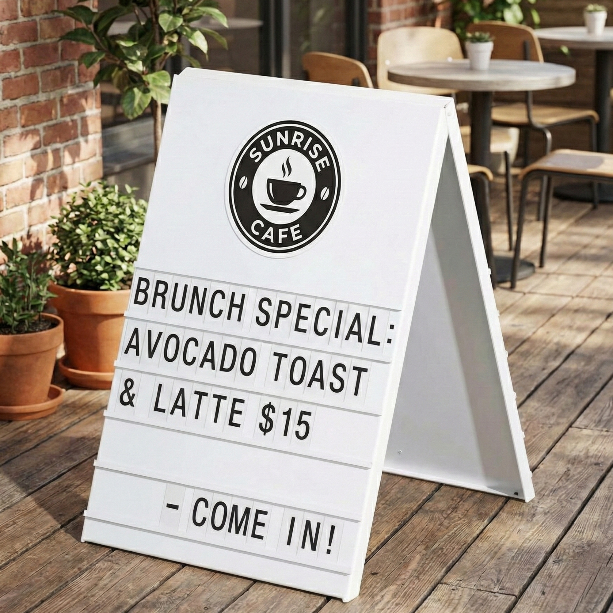 White metal sandwich board displaying brunch menu specials for cafe sidewalk